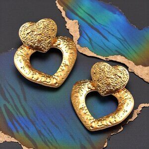 Boho Chic Heart Textured Statement Earrings 18K Gold Plated Stainless Steel